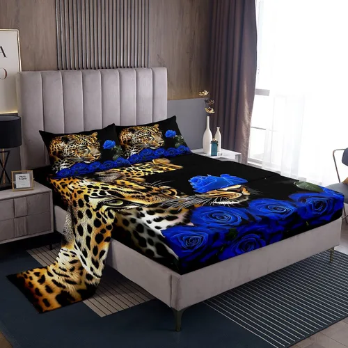 Vista 22 de Erosebridal Sábanas de cama de guepardo con rosa roja, juego de sábanas de bolsillo profundo con estampado de leopardo y gato, sábana bajera