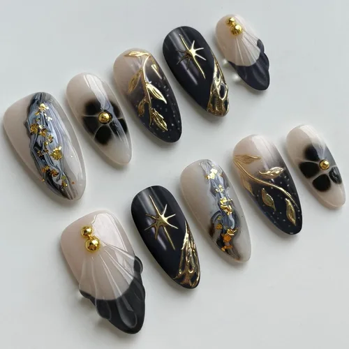 Vista 14 de Uñas postizas a presión con punta francesa, uñas postizas medianas con flores 3D, concha de perla, diseño de estrellas de mar, uñas blancas a
