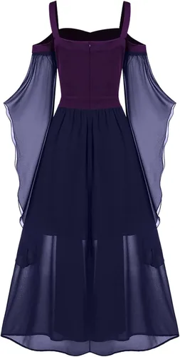 Vista 3 de WKSCLPAI Disfraces renacentistas para mujer, vestido medieval retro, sexy, con hombros descubiertos, corsé gótico, vestido de gasa de retazos