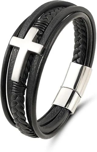Vista 13 de Pulsera de cuero para hombre con cruz trenzada de varias capas con cierre de acero inoxidable, regalos religiosos cristianos para él