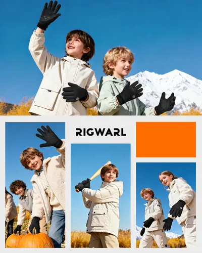 Vista 7 de RIGWARL Guantes de invierno para niños y niñas, guantes térmicos negros con pantalla táctil, guantes térmicos para niños, guantes deportivos cálidos