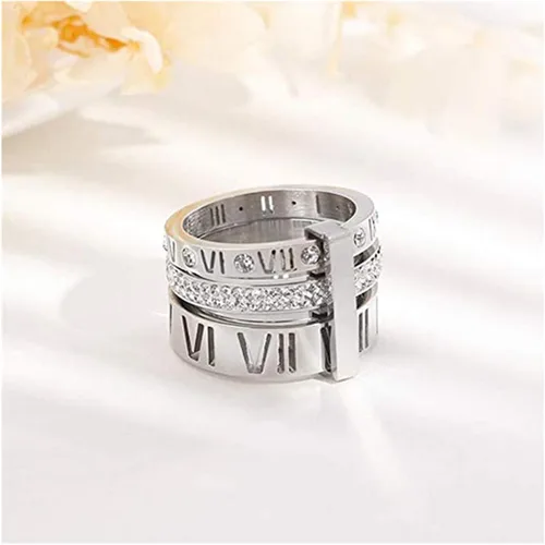 Vista 5 de Anillo Pamtier 3 en 1, de acero inoxidable y zirconia, con números romanos, para mujer