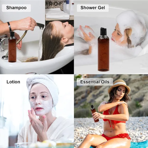 Vista 7 de Paquete de 2 botellas de plástico para champú de 8 onzas con tapas de disco, ámbar UV Protection, Leak Proof, Refillable, Travel Containers for