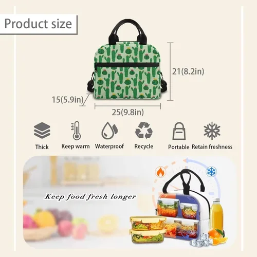Vista 7 de Bolsas de almuerzo aisladas con diseño de cactus verdes para mujer, reutilizable, a prueba de fugas, con correa de hombro ajustable, portátil