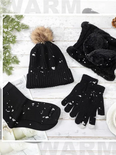 Vista 6 de Conjunto de 5 piezas de gorro y guantes de invierno para mujer, gorro de punto para excursión de esquí, gorro de pompón, calentador de orejas