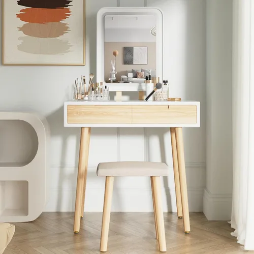 Vista 10 de Juego de mesa de maquillaje YOURLITE con espejo iluminado ajustable de 3 modos, taburete acolchado, mueble tocador para espacios pequeños Juego