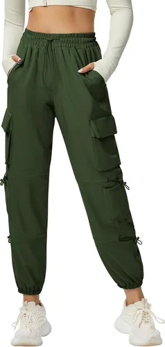 Vista 2 de Pantalones cargo de secado rápido, ligeros, tácticos, con 6 bolsillos, para mujer, cintura elástica y resistente al agua