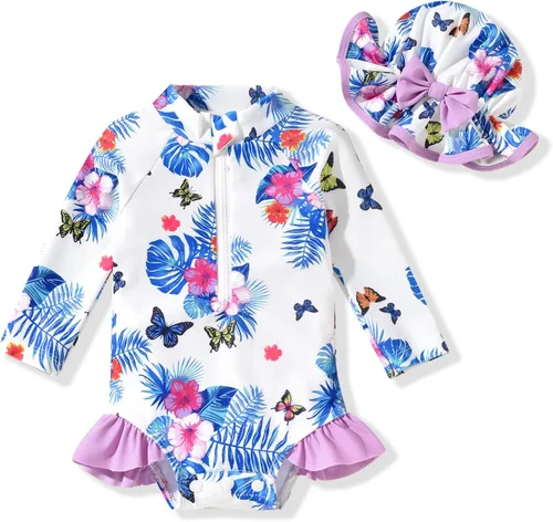 Vista 28 de Aalizzwell Traje de baño de una pieza de manga larga con sombrero para bebé niña