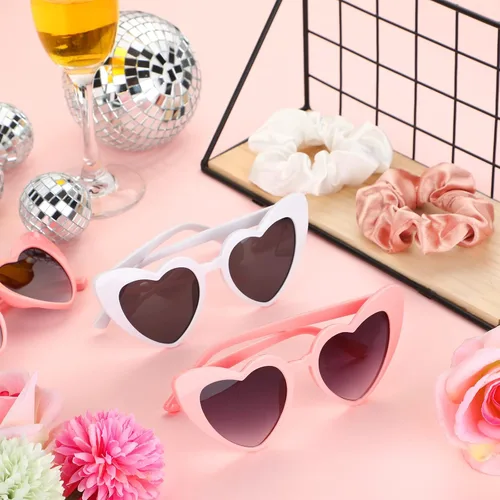 Vista 4 de Flutesan 7 Pairs Bridesmaid Heart Sunglasses 7 Pcs Satin Scrunchies Hair Ties for Women Wedding Bachelorette Black White Party Favors