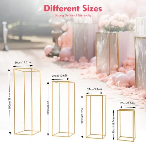 Vista 6 de Soporte de flores de metal para centros de mesa de boda, 4 piezas, soporte de flores de boda dorado, soporte de marco rectangular, soporte