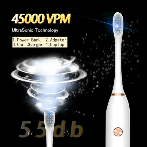 Vista 3 de Paquete de 2 cepillos de dientes eléctricos con 8 cabezales de cepillo, 6 modos de 42000 vpm, IPX7 impermeable, cepillo de dientes eléctrico sónico
