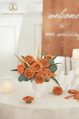 Vista 3 de TINGE TIME Flores de color naranja quemado, 25 flores artificiales para decoraciones, rosas de espuma falsas a granel con arreglos florales, ramos