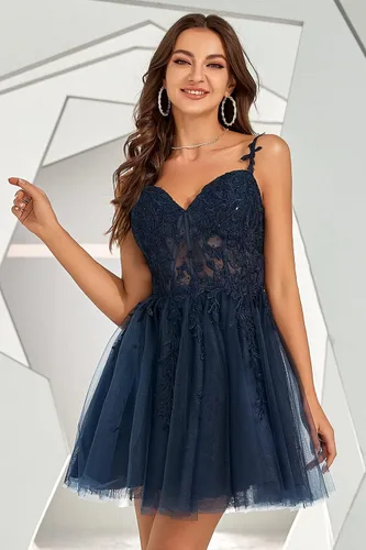 Vista 4 de SYYS Vestido de fiesta corto de tul floral con apliques de encaje de diamantes de imitación 2024 ilusión SYYS349, EsmeraldaSólidos