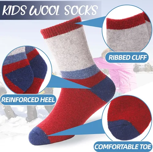 Vista 3 de EBMORE - Calcetines de lana merino para niños para niños pequeños, niños y niñas, térmicos, cálidos, gruesos, para senderismo, invierno, calcetines