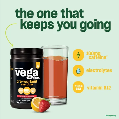 Vista 5 de Vega Sport Energizer, Baya de Acai, Polvo de preentrenamiento para mujeres y hombres, apoya la energía y la concentración, electrolitos, vegano