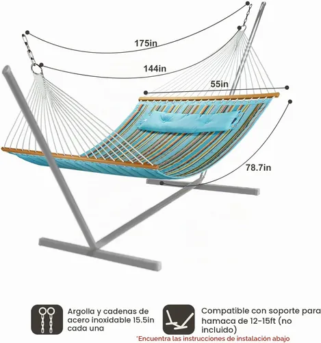 Vista 3 de CHULIM Hamaca de tela acolchada doble de 12 pies con barras separadoras y almohada, capacidad de peso de 450 libras, hamaca para 2 personas