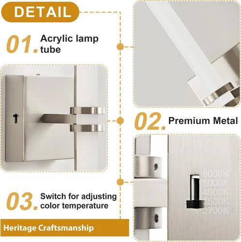 Vista 6 de Lámparas de baño, níquel cepillado de 18 W, LED de 360 °, iluminación completa, moderna aplique de pared lámpara de tocador con 5