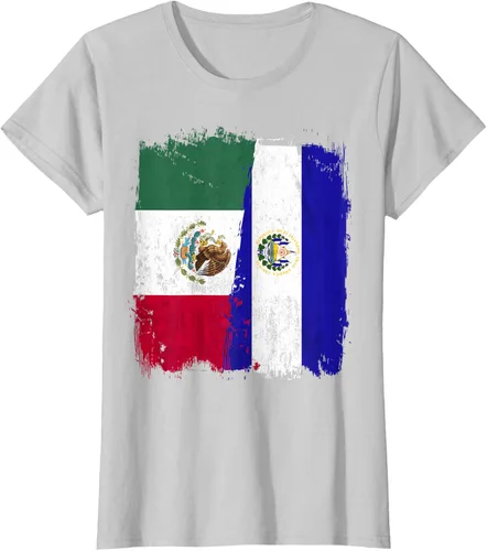 Vista 23 de Camiseta con la bandera mexicana de El Salvador con la mitad de la bandera mexicana de El Salvador
