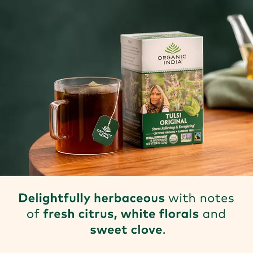 Vista 3 de ORGANIC INDIA Tulsi Té de Hierbas Original - Té de Albahaca Sagrada y Albahaca Africana Calmante y de Alivio del Estrés, Apoyo Inmunológico