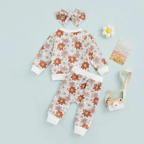 Vista 3 de Sudadera con estampado de flores para bebé niña, sudadera con bolsillo y diadema para otoño e invierno