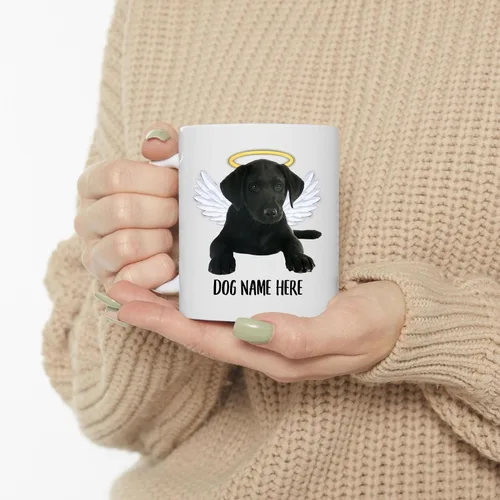 Vista 3 de Taza de café conmemorativa con nombre personalizado, diseño de alas de ángel, color negro, labrador retriever, regalos de condolencias