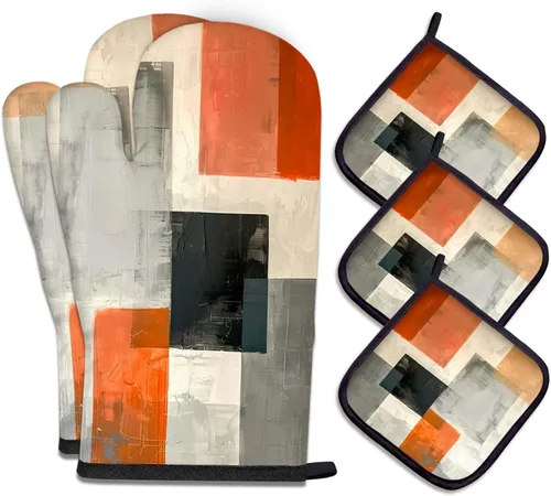 Vista 31 de MCALK Juego de 5 manoplas de horno y soportes para ollas, guantes abstractos para horno y almohadillas calientes para cocina de cocina, manoplas