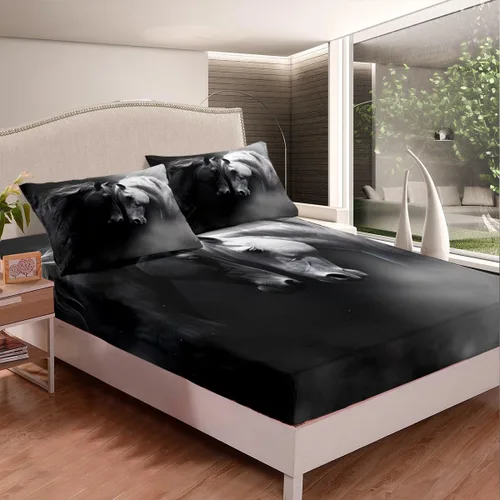 Vista 2 de Erosebridal Juego de cama de caballo para niñas, niños y parejas, sábana bajera ajustable de caballos blancos y negros, tamaño individual, diseño