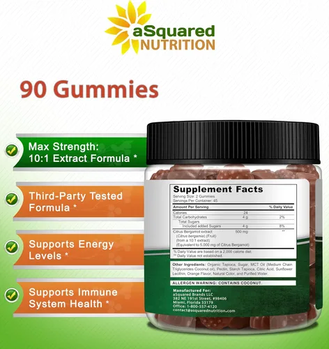 Vista 4 de aSquared Nutrition Gomitas de bergamota cítrica – Suplemento de extracto de bergamota cítrica de 500 mg por porción – Alternativa de goma pura a