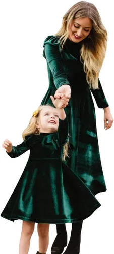 Vista 2 de Mommy and Me Vestido de Volantes de Manga Larga Casual Fiesta de Navidad Vestido de Terciopelo Madre Hija de la Familia a juego Vestido de Ropa
