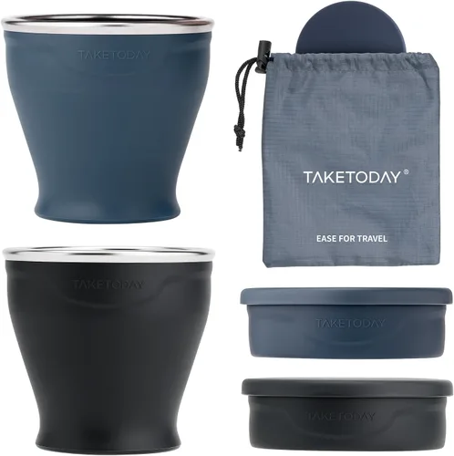 Vista 16 de TakeToday 2 vasos plegables de viaje de 8 onzas, taza de agua plegable de silicona, sin BPA con tapa y bolsa impermeable, juego de vasos para beber