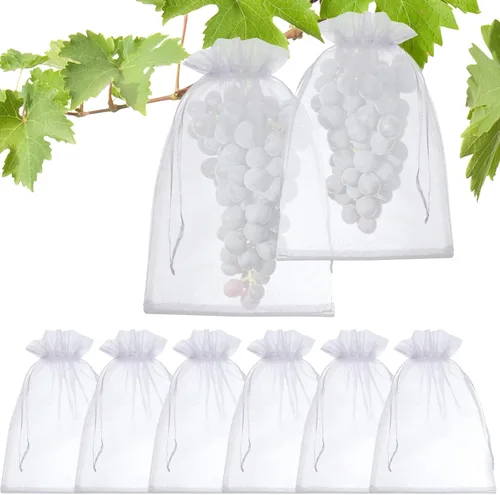Vista 7 de 50 bolsas de protección de frutas, 6 x 9 pulgadas, bolsas de red de frutas blancas para árboles frutales, bolsa de malla con cordón, bolsas