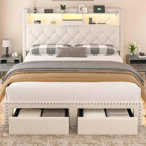 Vista 7 de Base de cama de lino tamaño completo con cabecera de almacenamiento de 2 niveles y estación de carga, marcos de cama de plataforma tapizados con 2