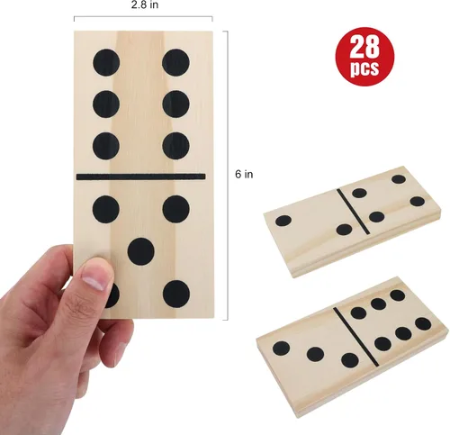 Vista 2 de GOTHINK Juego de dominó de madera gigante para adultos y niños, 28 piezas de azulejos de dominó de madera natural jumbo con puntos negros