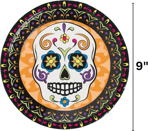 Vista 3 de Fun Express Día de los Muertos Platos de papel de calavera de azúcar – Platos de papel desechables con tema de calavera de azúcar – Vajilla