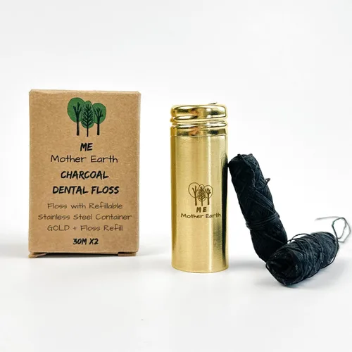 Vista 11 de Hilo dental de carbón de bambú biodegradable vegano con recipiente de acero inoxidable negro recargable, 98.4 ft x 2 pulgadas, hilo dental extra