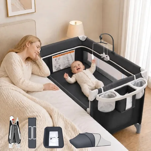 Vista 10 de Moisés 5 en 1 para bebé, plegable, para empacar y jugar, cuna de un solo empuje con corralito, incluye colchón, cambiador, mosquitero, juguete