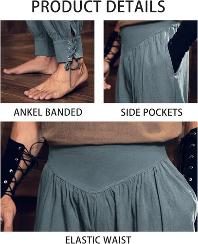 Vista 5 de Pantalones de tobillo medievales para hombre, disfraz de pirata vikingo, renacentista, con cordones, con bandas cónicas