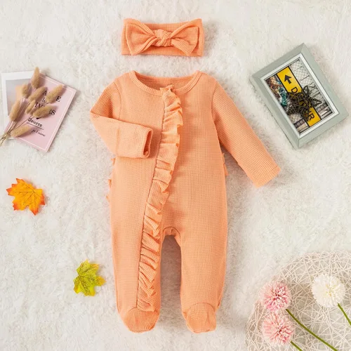 Vista 2 de Newborn Baby Girl Boy Footie Romper Coming Home Long Sleeve Ruffle Waffle Knit Zipper Onesie with Headband Outfits
