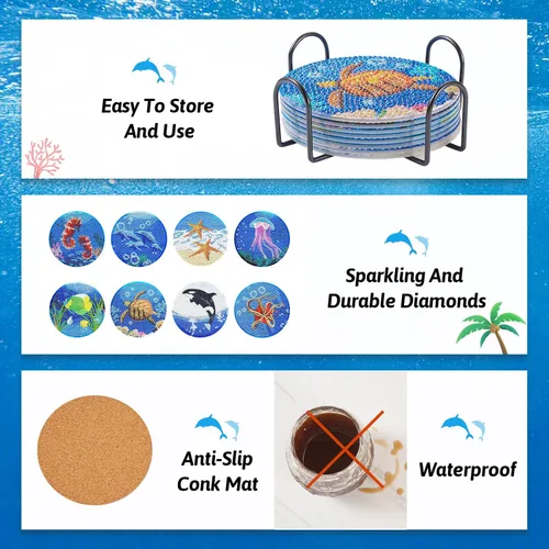 Vista 4 de Craftdady Juego de 8 piezas de pintura de diamantes oceánicos para adultos, posavasos de arte de diamantes con soporte, posavasos acrílicos