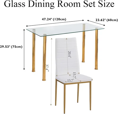 Vista 3 de Juego de comedor de cristal de 5 piezas dorado para 4, mesa de cocina rectangular con 4 sillas de piel sintética, juego de mesa de comedor compacto
