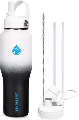 Vista 33 de SENDESTAR - Botella de agua de 0,9 L, 2 tapas (tapa con pajita), boca ancha de acero inoxidable aislada al vacío, doble pared, mantiene los líquidos