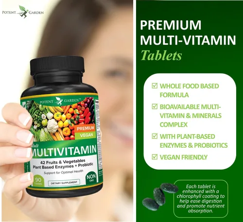 Vista 4 de Potent Garden Multivitamínico para hombres y mujeres – 42 frutas y verduras, probióticos y enzimas, suplemento alimenticio integral diario