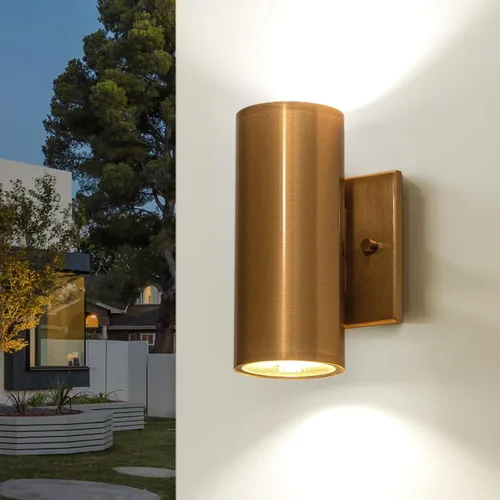 Vista 21 de Luces de pared doradas hechas a mano para exteriores, de 10 pulgadas, luces LED de pared para patio, accesorios de iluminación exterior Oro hecho a