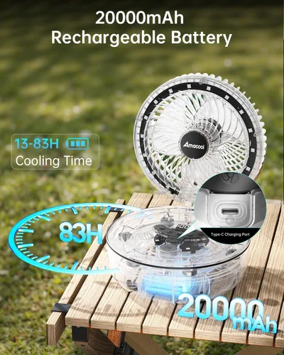 Vista 3 de AMACOOL Ventilador de escritorio plegable transparente, [máximo 83 horas de funcionamiento] 20000 mAh Ventilador portátil recargable de 8 pulgadas