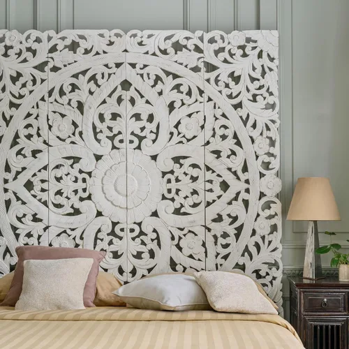 Vista 2 de Cabecero de cama King tallado en madera, mandala en paneles de pared, decoración de placas de residencia de lujo, 76 pulgadas