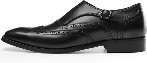 Vista 2 de FRASOICUS Zapatos de vestir para hombre, de cuero genuino, correa de monje, zapatos formales con punta de ala, mocasín sin cordones