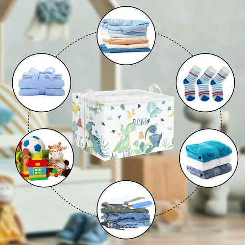 Vista 6 de Clastyle Adorable acuarela verde dinosaurio estante cesta volcán hoja de palma plegable cubo de almacenamiento rectangular ropa libros juguetes cubo