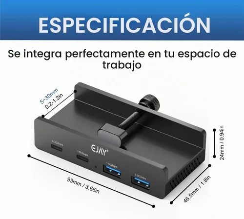 Vista 5 de Abrazadera EJAY Hub USB de 10 Gbps de 4 puertos (2A2C) Hub para iMac y PC