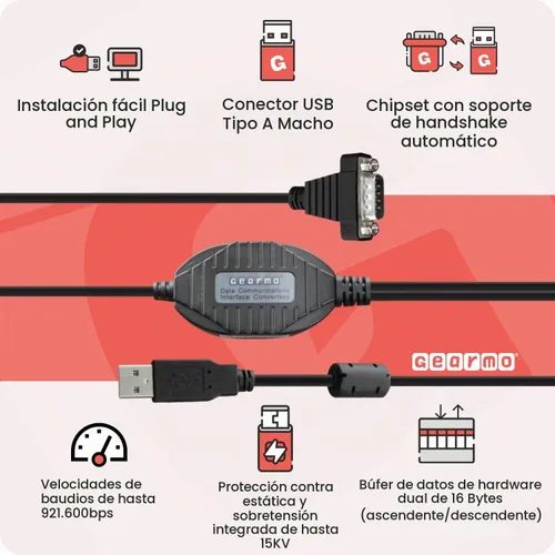 Vista 3 de Gearmo Adaptador serie USB a RS232 de 4 puertos con chipset FTDI – Compatible con Windows 11, 10, 8, 7, Linux y Mac, cuenta con Plug-and-Play sin