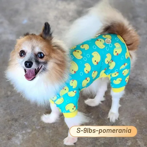 Vista 7 de KYEESE - Pijama de terciopelo para perros, con patrón de patos amarillos, ropa elástica y suave para cachorros y perros pequeños, mameluco cómodo